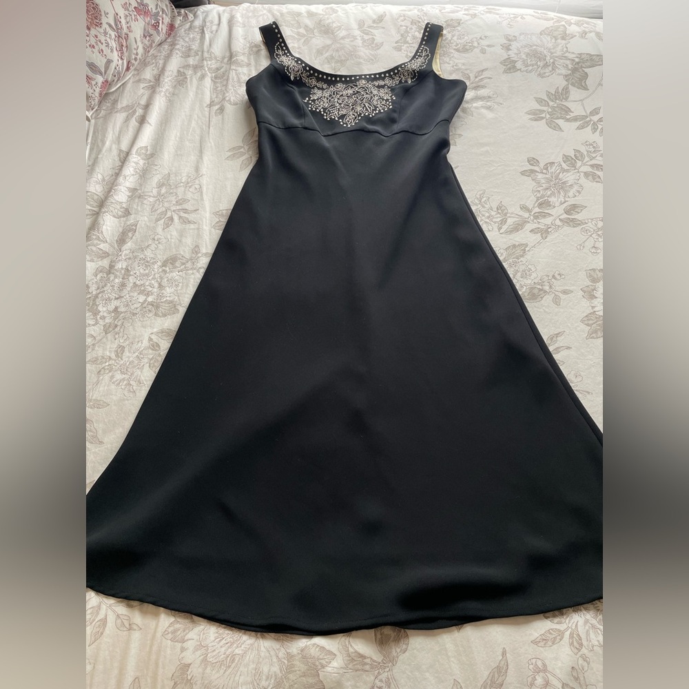 Vintage Black Embroidered Bust Babydoll Midi Dress 6 Formal Whimsigoth Evening‎